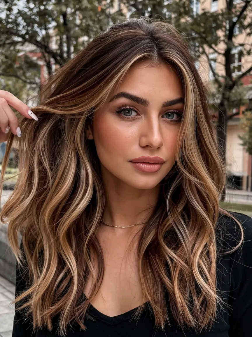 caramel autumn fall hair colors ideas 2025 Bronzed Beige Highlights with Bold Contrast