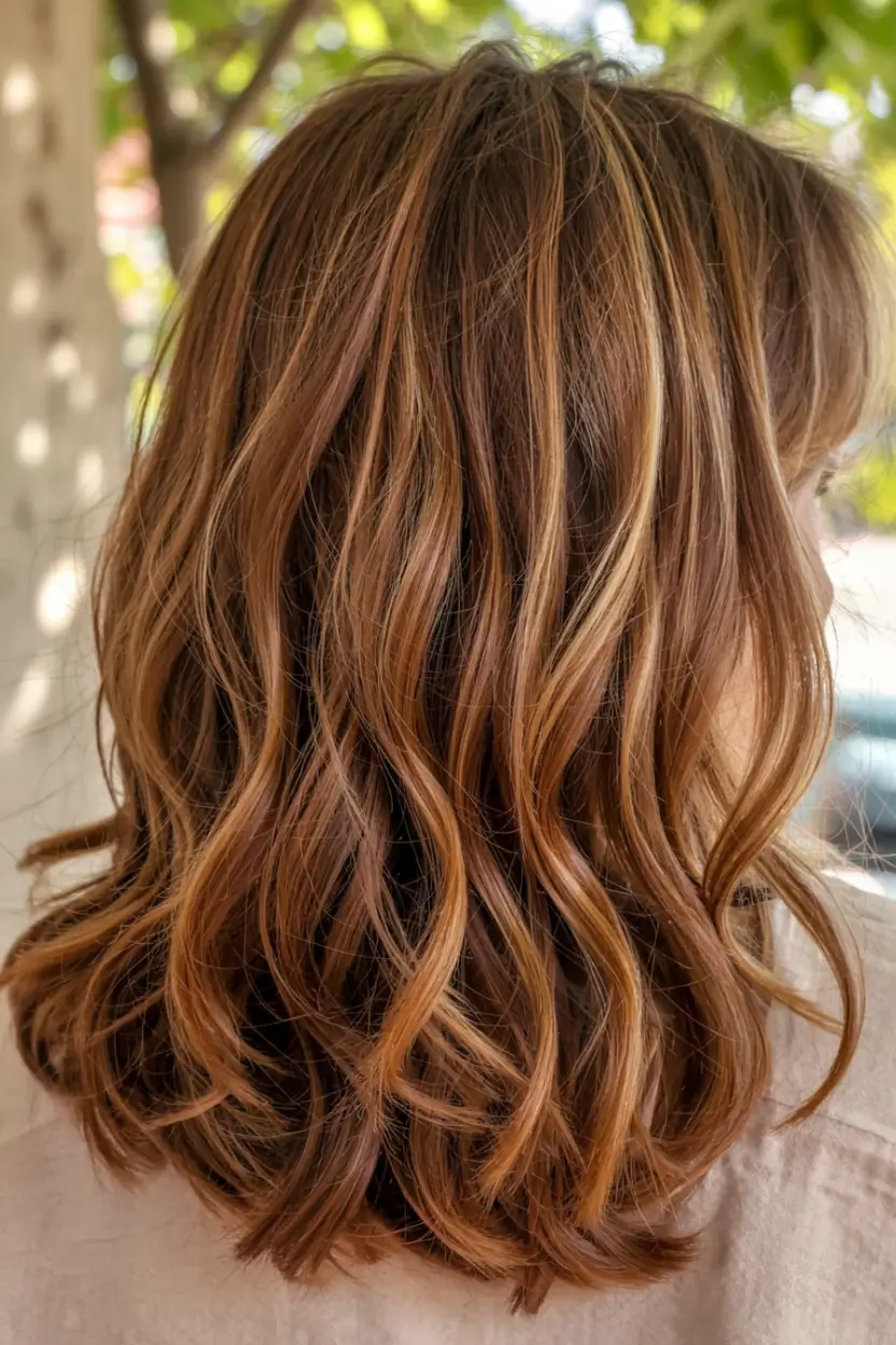 caramel autumn fall hair colors ideas 2025 Golden Cider Waves with Soft Fringe