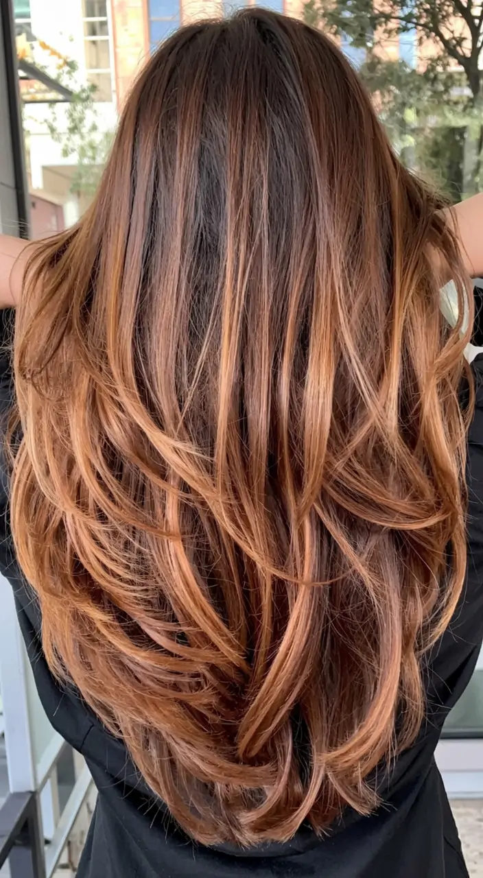 caramel autumn fall hair colors ideas 2025 Toasted Cinnamon Balayage on Straight Layers