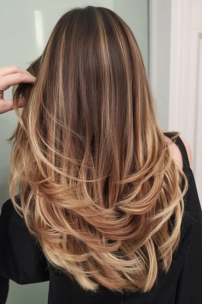 caramel autumn fall hair colors ideas 2025 Golden Cream Ends with Brunette Contrast