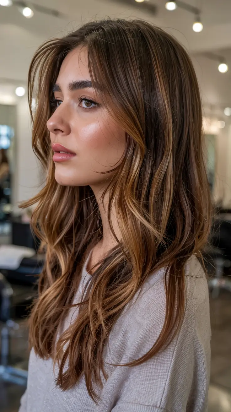 caramel autumn fall hair colors ideas 2025 Amber Tea Face-Framing Layers