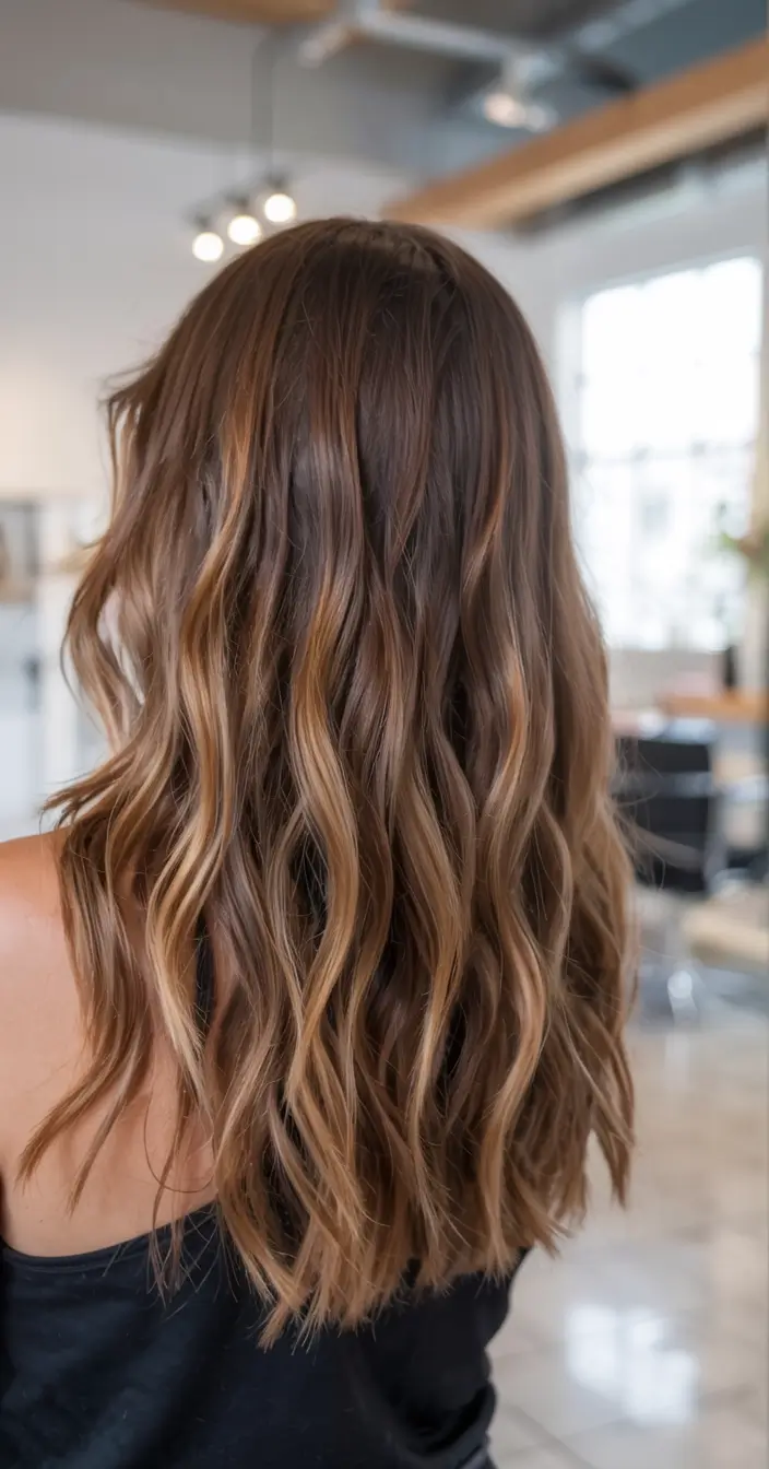 caramel autumn fall hair colors ideas 2025 Toffee Twist Waves with Balanced Dimension