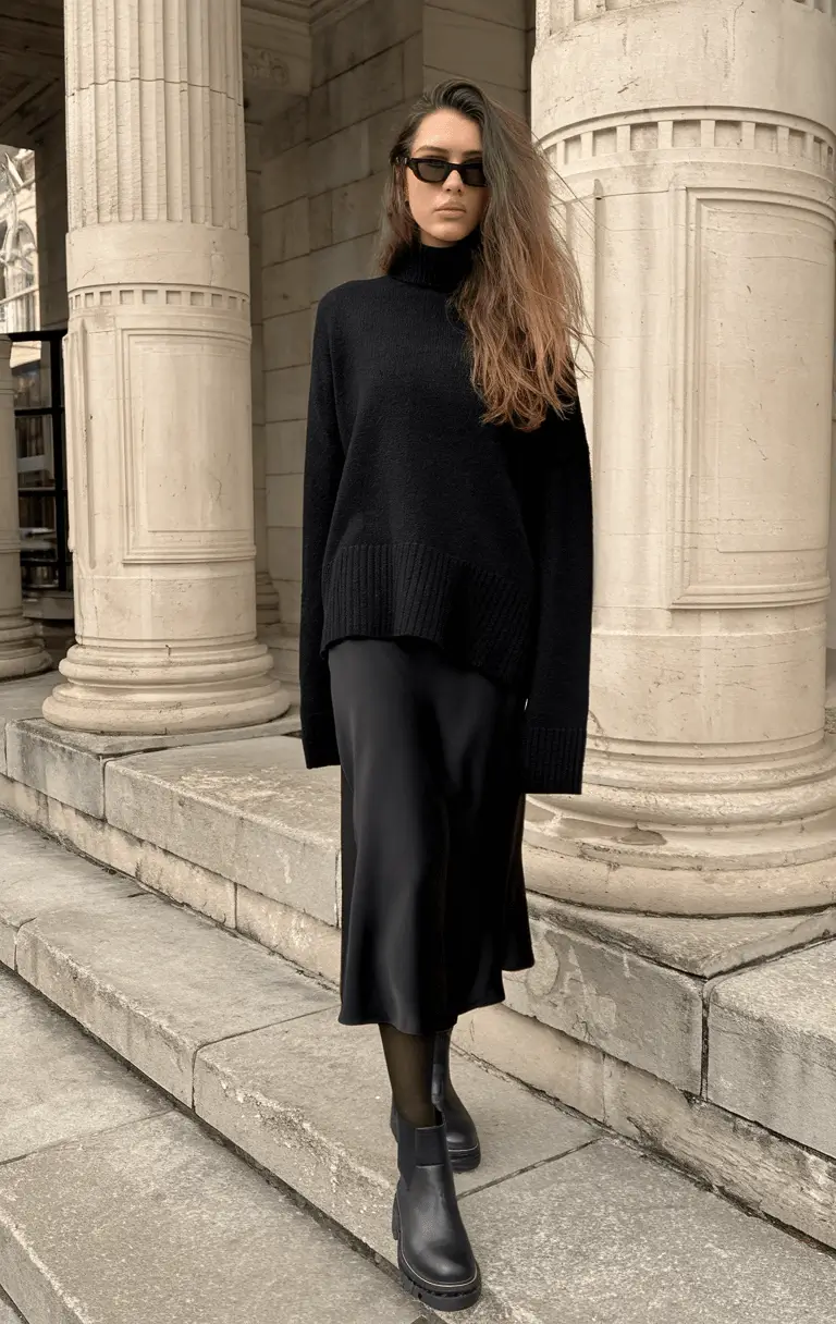 casual fall outfits for women over 30 - ideas 2025 All-Black With a Satin Sway