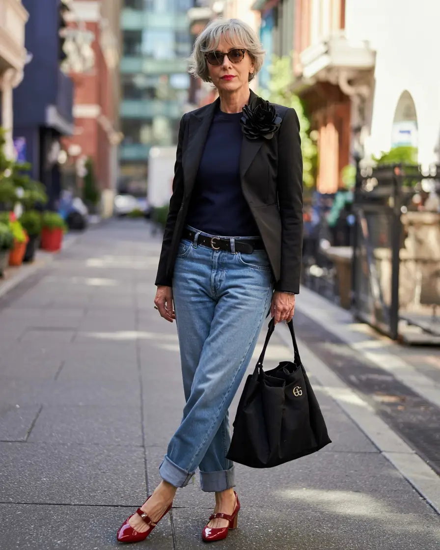 casual fall outfits for women over 50 - ideas 2025 City Denim with a Red Shoe Twist