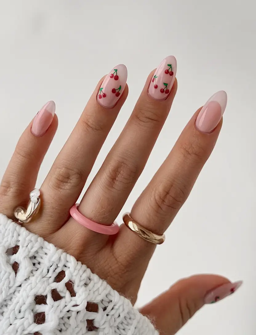 cherry nail inspo that pops in 2025+Scattered Cherry Bloom on Barely-There Nude