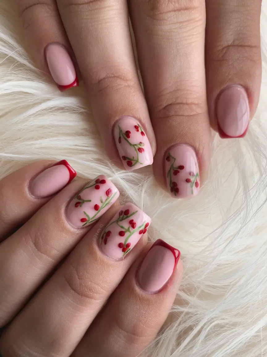 cherry nail inspo that pops in 2025+Floral Cherry Garden with Red Tips