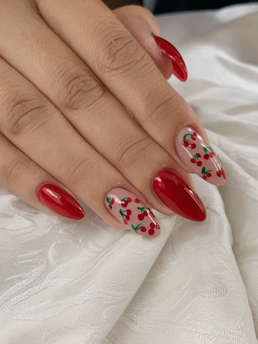 cherry nail inspo that pops in 2025+Glossy Red Meets Cherry Scattered Art