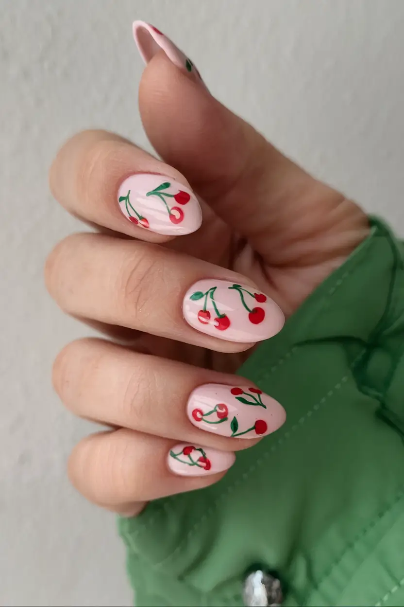 cherry nail inspo that pops in 2025+Soft Pink Garden of Cherries