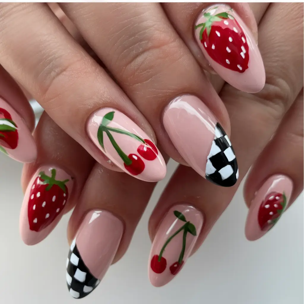 cherry nail inspo that pops in 2025+Checkerboard Meets Fruit Market