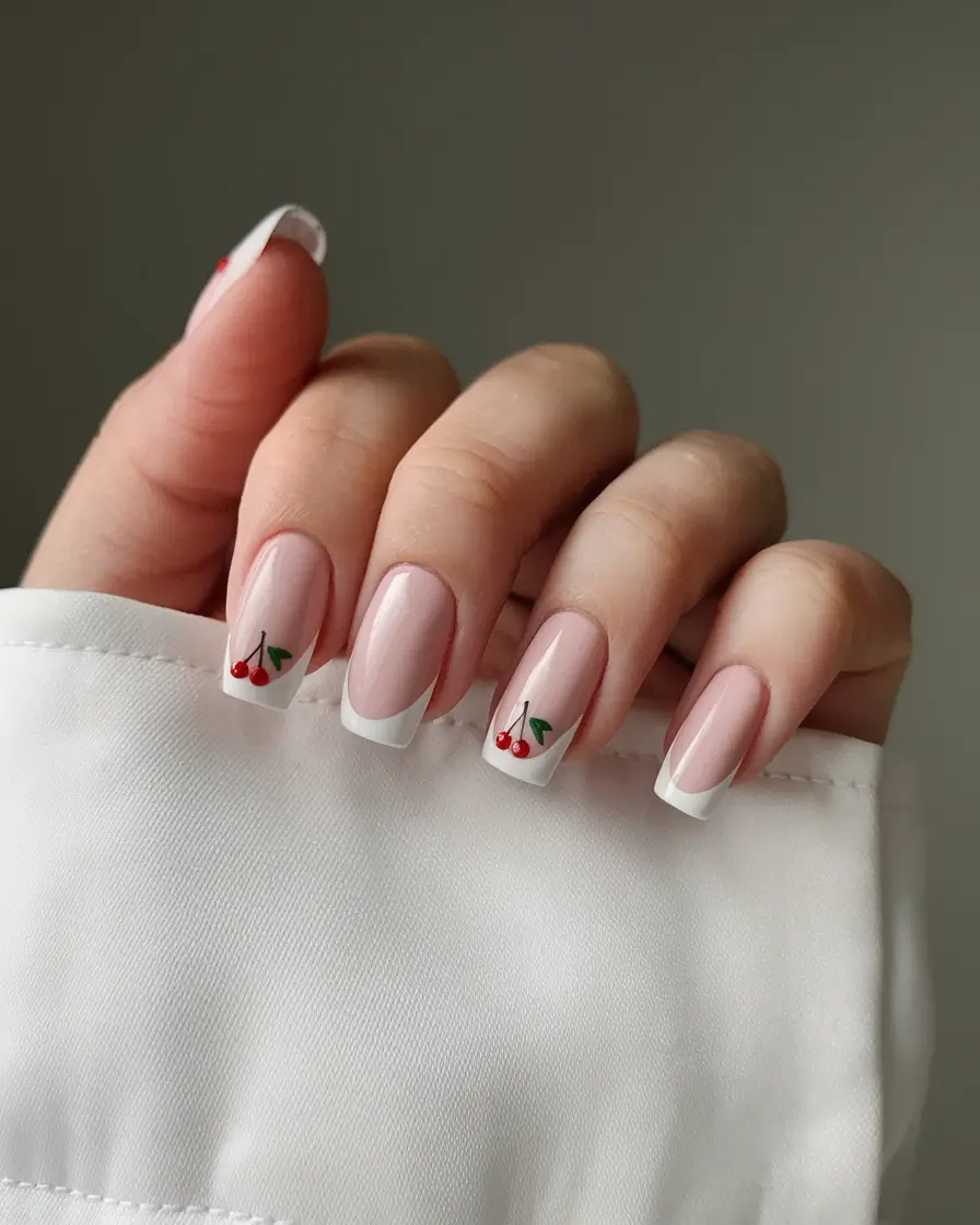 cherry nail inspo that pops in 2025+Square French with Tiny Cherry Charms