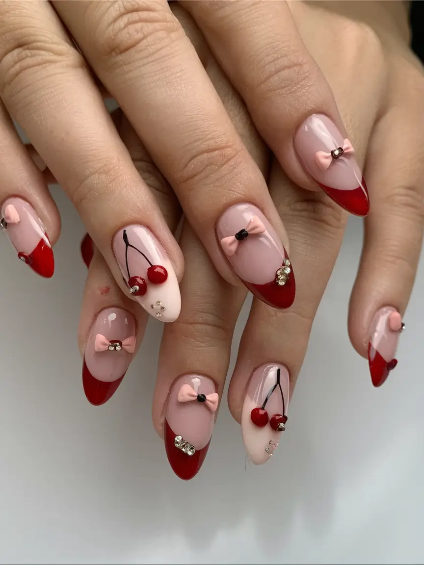 cherry nail inspo that pops in 2025+Cherry Bow Glam
