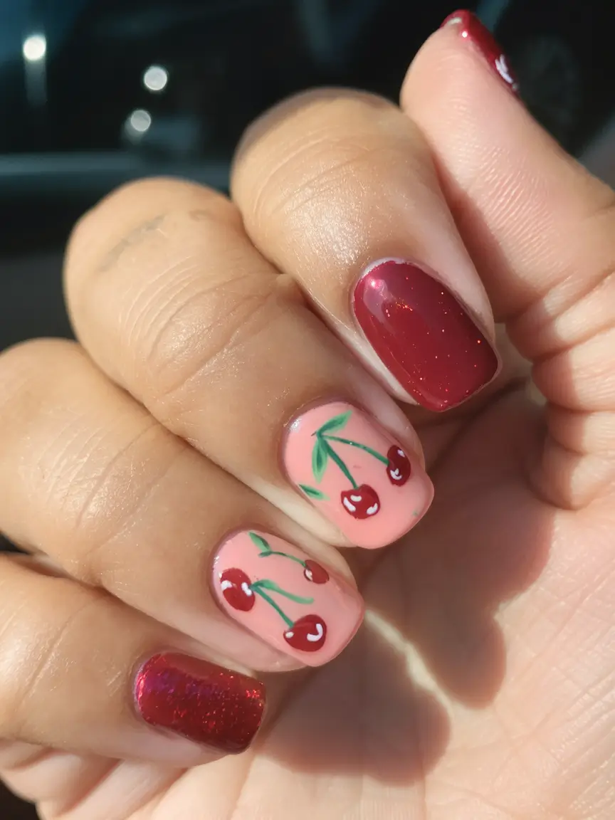cherry nail inspo that pops in 2025+Pink Cherry Micro Sparkle Combo