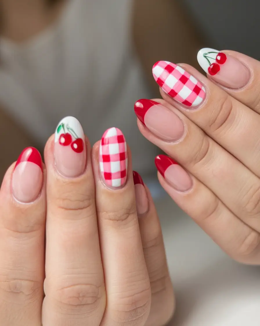 cherry nail inspo that pops in 2025+Gingham Picnic Meets Cherry Chic
