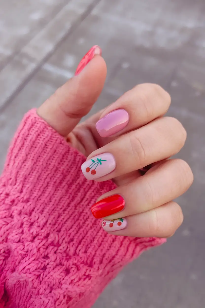 cherry nail inspo that pops in 2025+Colorblock Summer Cherry Party
