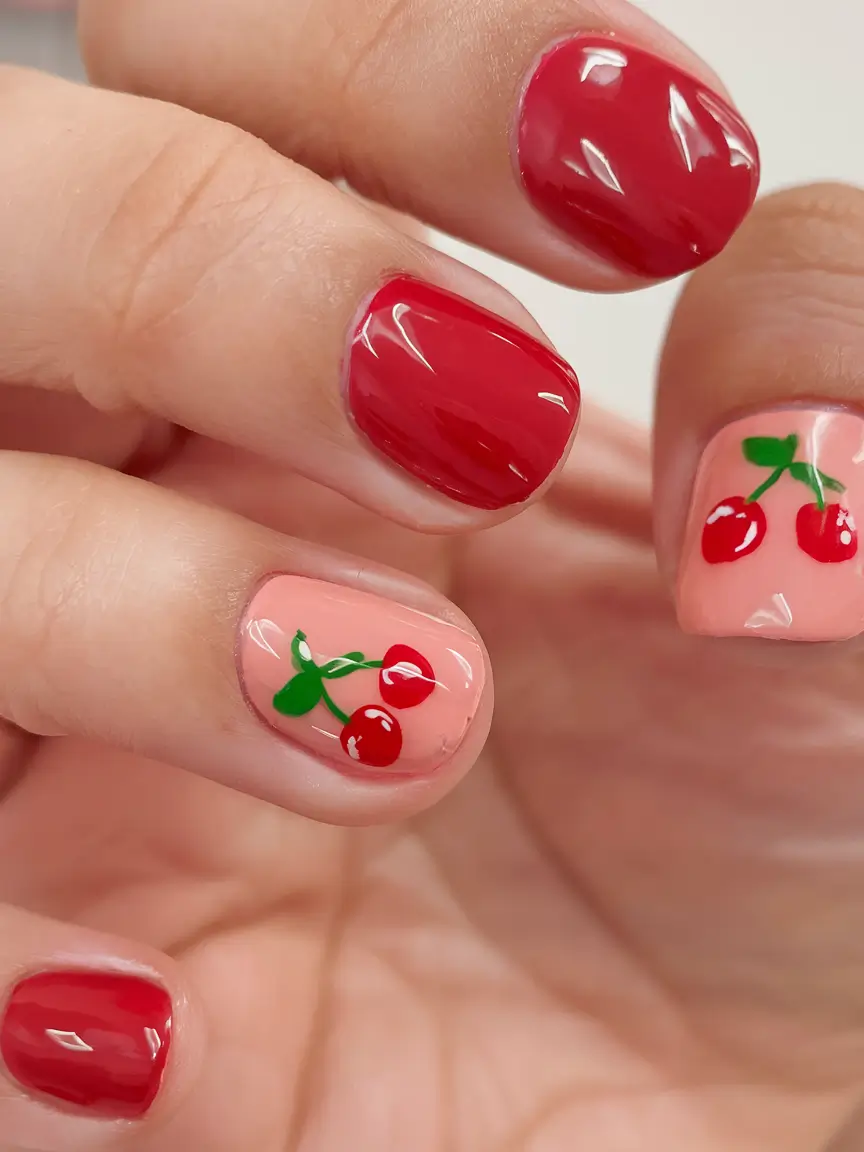 cherry nail inspo that pops in 2025+Peachy Nude with Cherry Charm