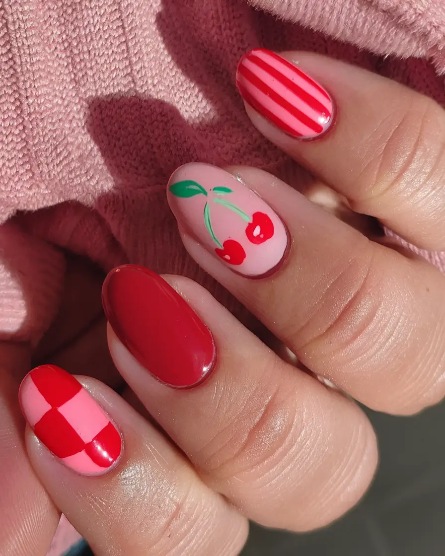 cherry nail inspo that pops in 2025+Retro Mix: Stripes, Checker, and Cherries