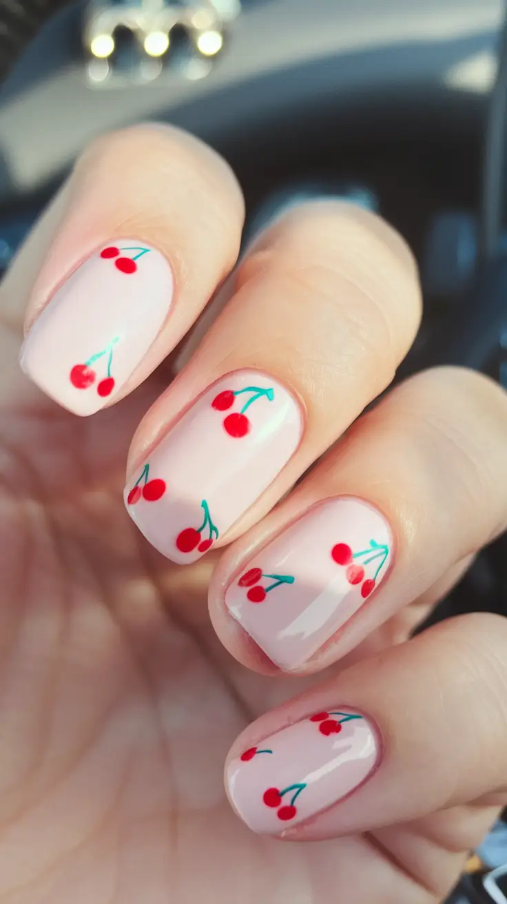 cherry nail inspo that pops in 2025+Cherry Rainfall on Soft Nude