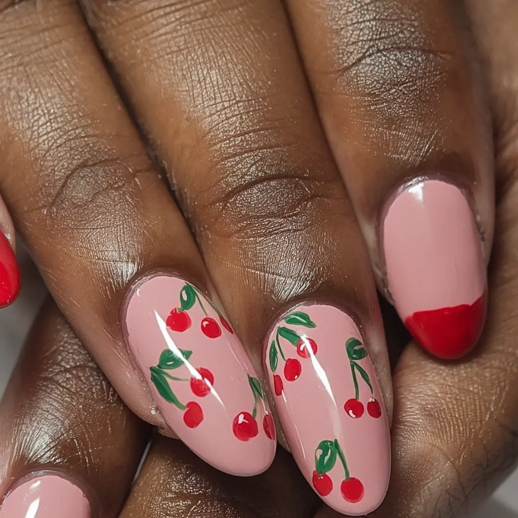 cherry nail inspo that pops in 2025+Pink Cherry Vines with French Accent