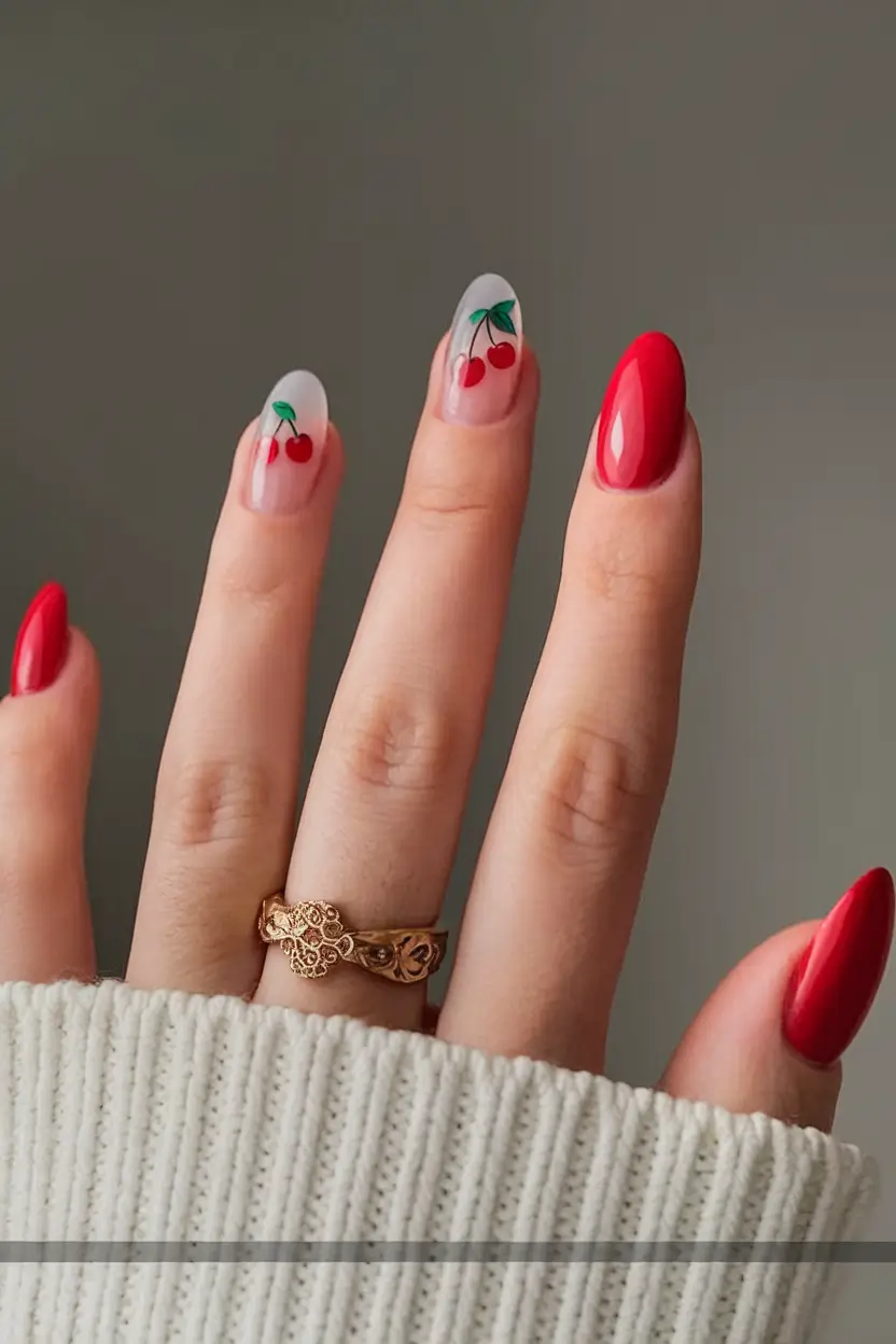 cherry nail inspo that pops in 2025+Minimal Cherry Accent with Bold Red Solids