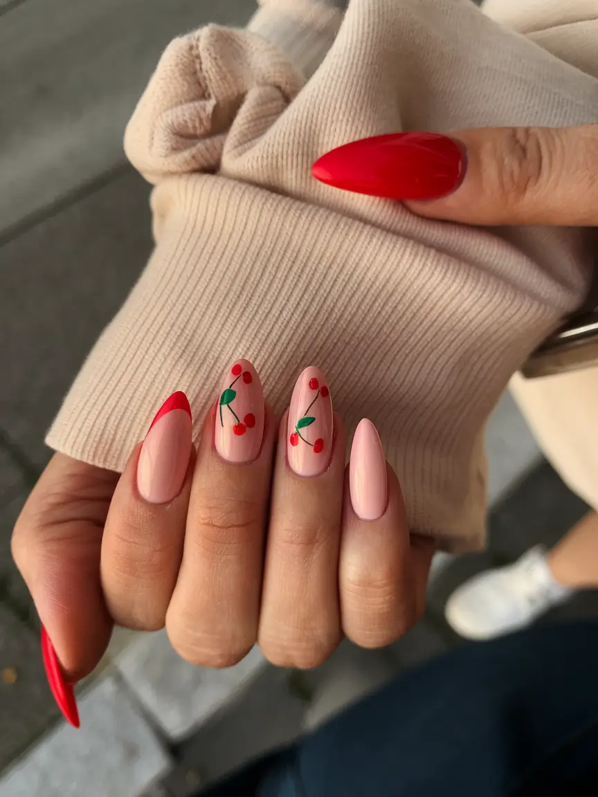 cherry nail inspo that pops in 2025+Soft Red and Peach Cherry Mix