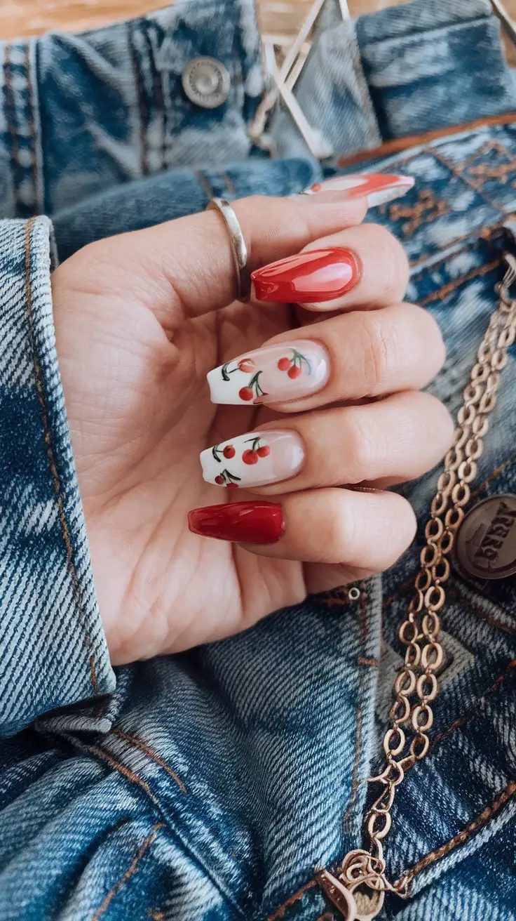 cherry nail inspo that pops in 2025+Cherry Garden on Blush Pink