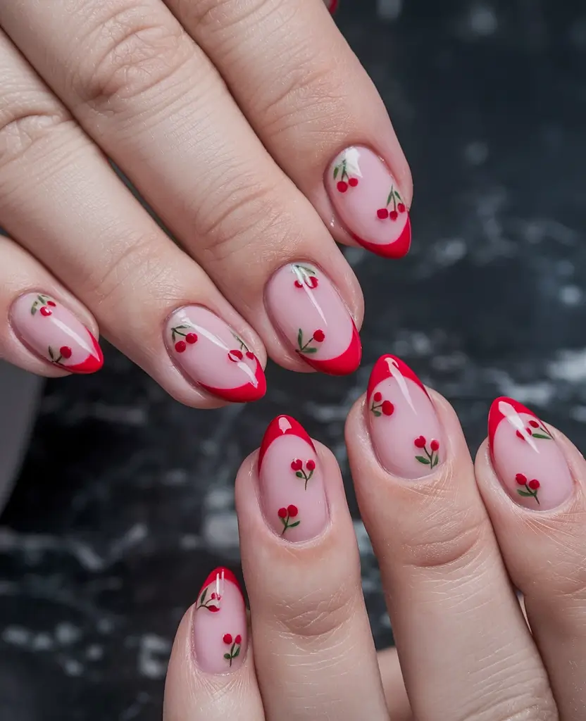 cherry nail inspo that pops in 2025+Glossy Red French with Tiny Cherry Sprigs