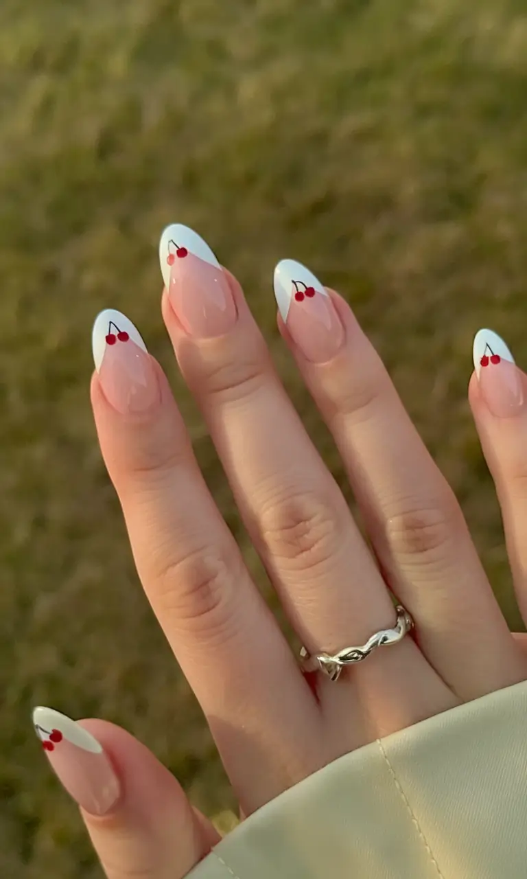 cherry nail inspo that pops in 2025+French Fade with Floating Cherries
