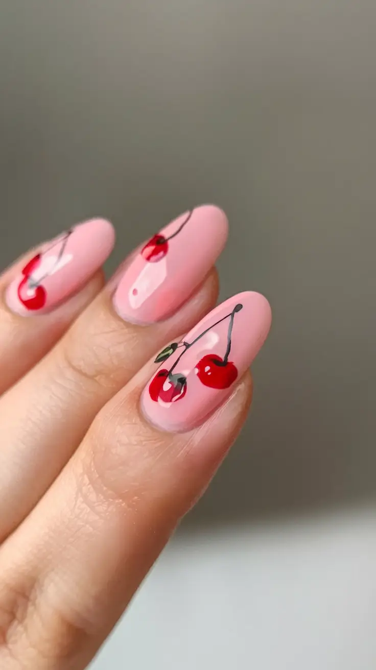 cherry nail inspo that pops in 2025+Glossy Pink Canvas with Cherry Drip