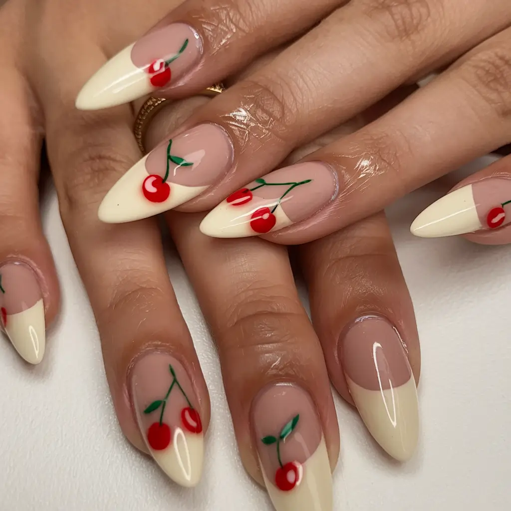 cherry nail inspo that pops in 2025+Vintage Cream French with Juicy Cherry Accents