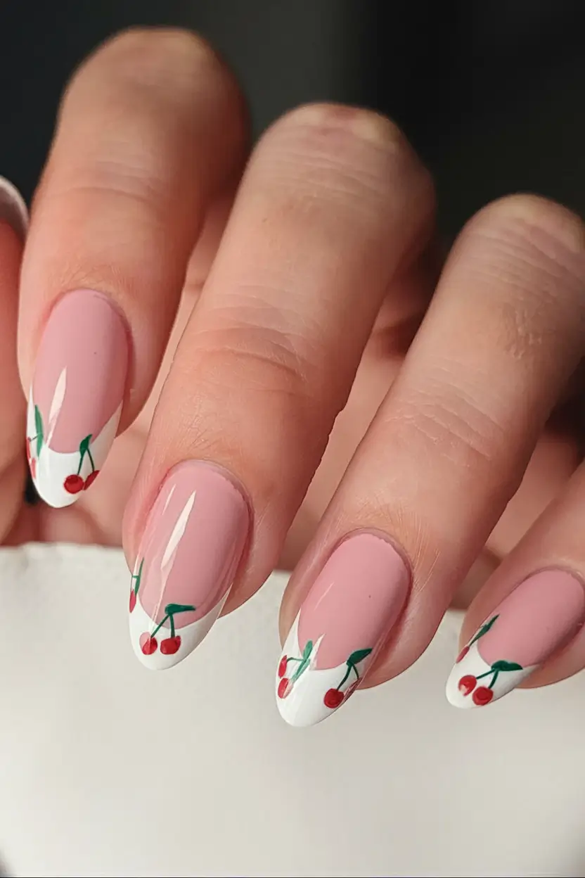 cherry nail inspo that pops in 2025+Pastel Pink French with Cherry Dip