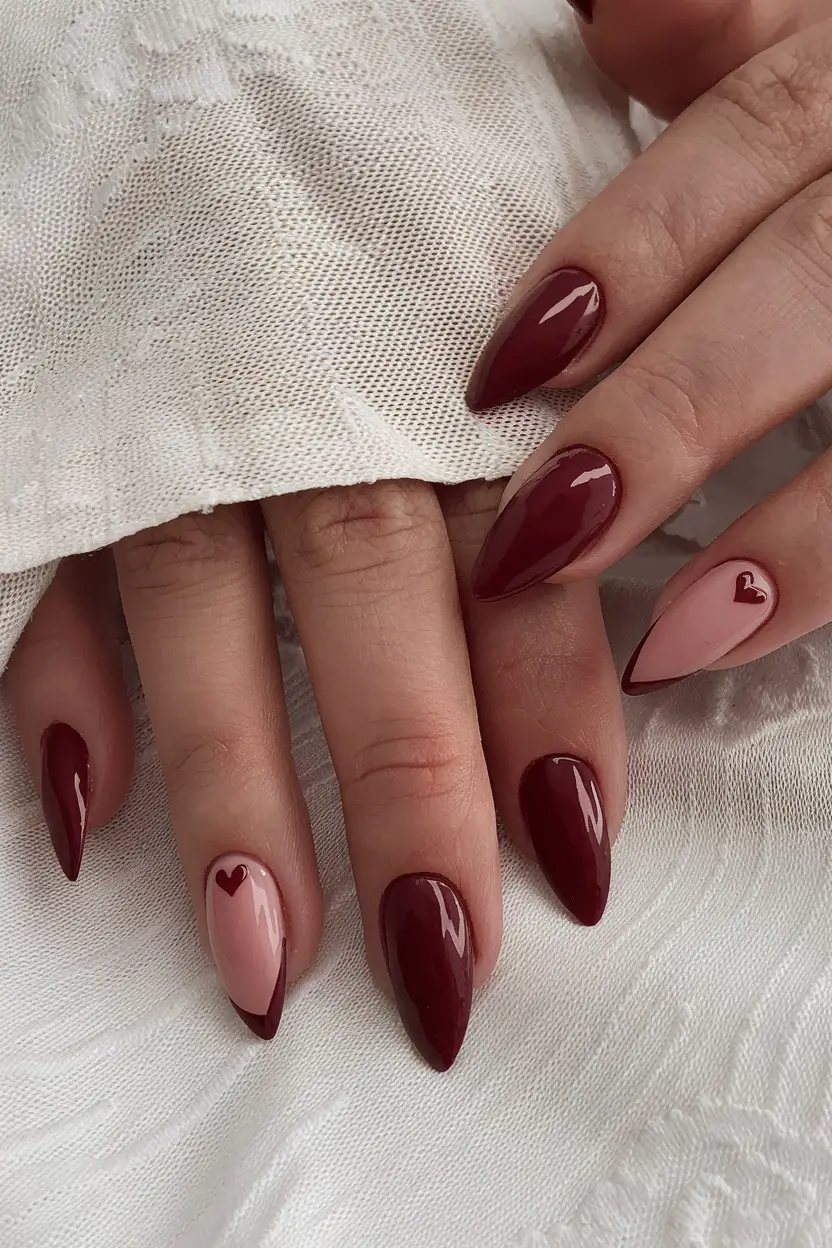 classy summer nails for a chic 2025 look Cherry Wine with Heart Accent