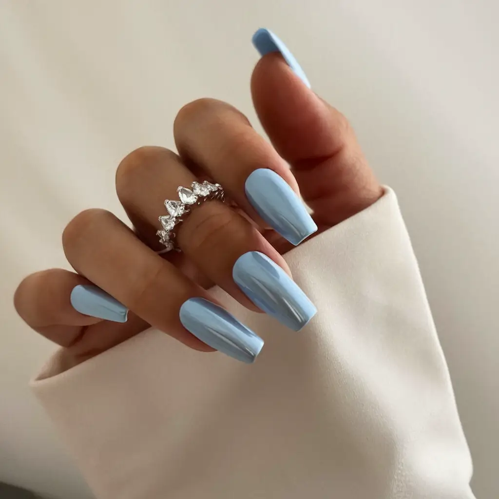 coffin nails that slay summer 2025 Pastel Blue Mirror Shine: Cooling Down Summer Heat