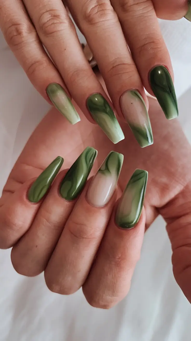 coffin nails that slay summer 2025 Green Marble Vortex: Botanical Artistry