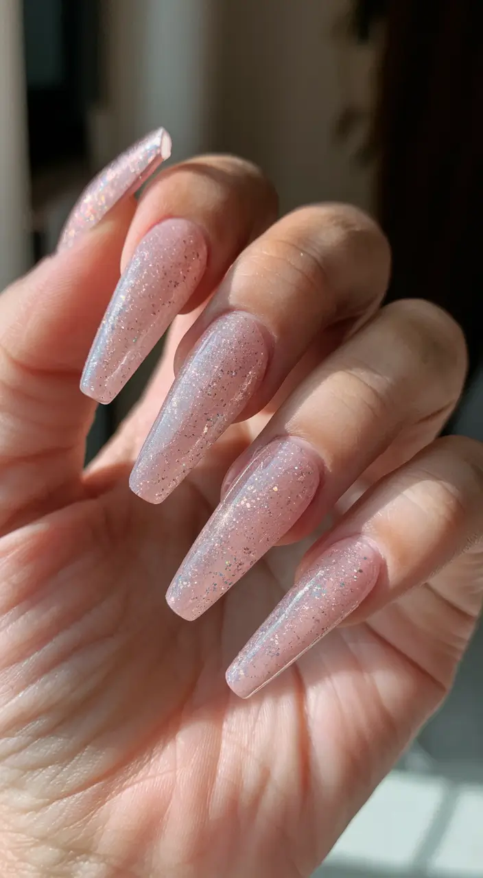 coffin nails that slay summer 2025 Glitter Veil: Barely-There Sparkle