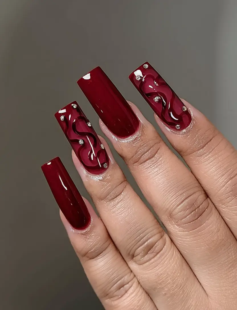 coffin nails that slay summer 2025 Wine Red Waves: Bold with Texture