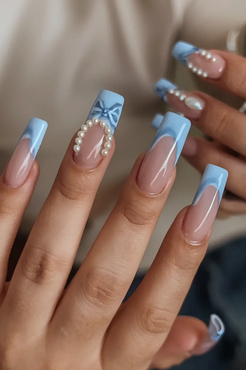 coffin nails that slay summer 2025 Baby Blue Ribbons and Pearls: Vintage Summer Charm