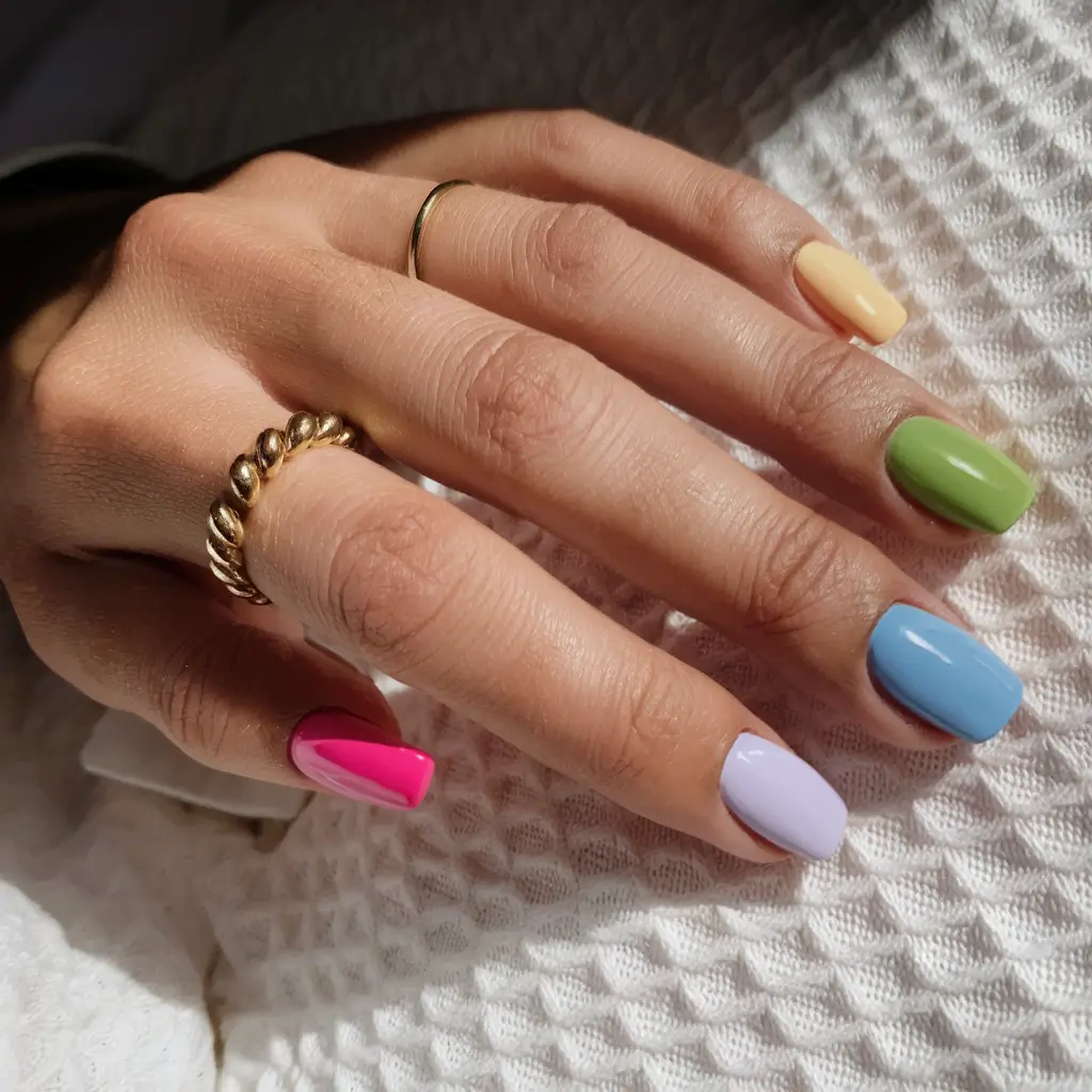 colorful summer nails to try in 2025 Muted Rainbow Modern