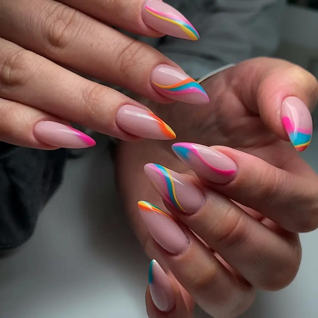 colorful summer nails to try in 2025 Neon Wave Stream
