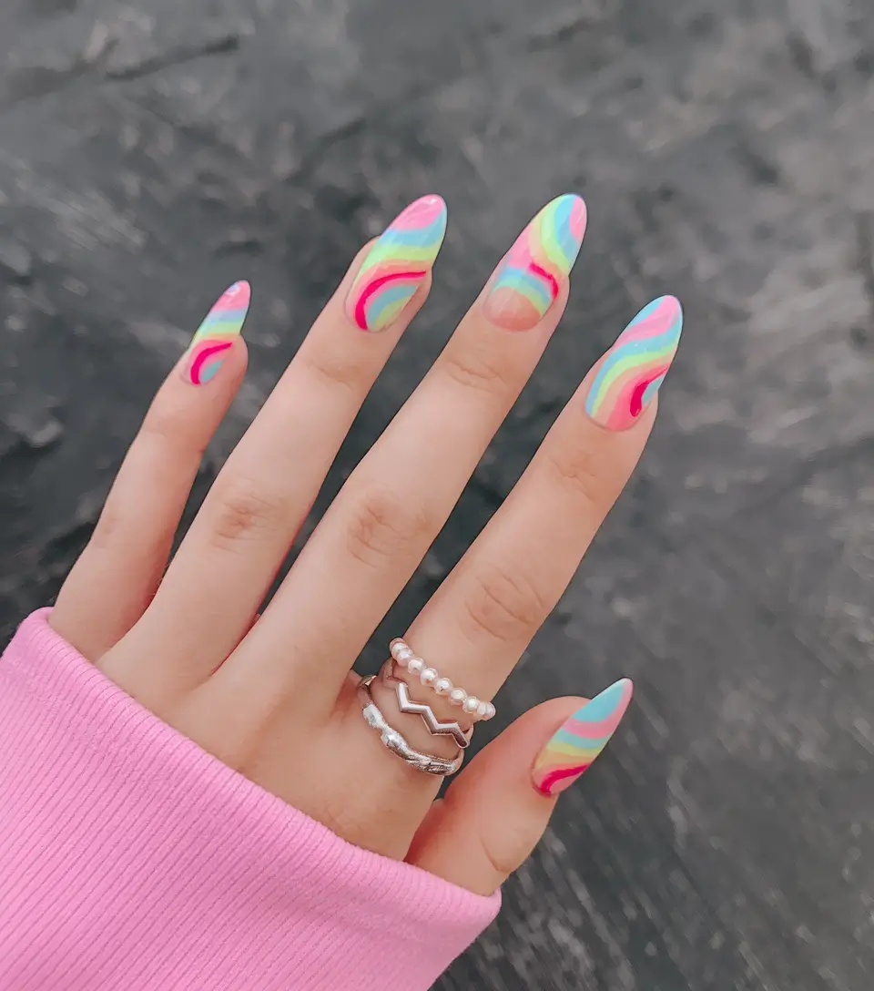 colorful summer nails to try in 2025 Rainbow Wave Party