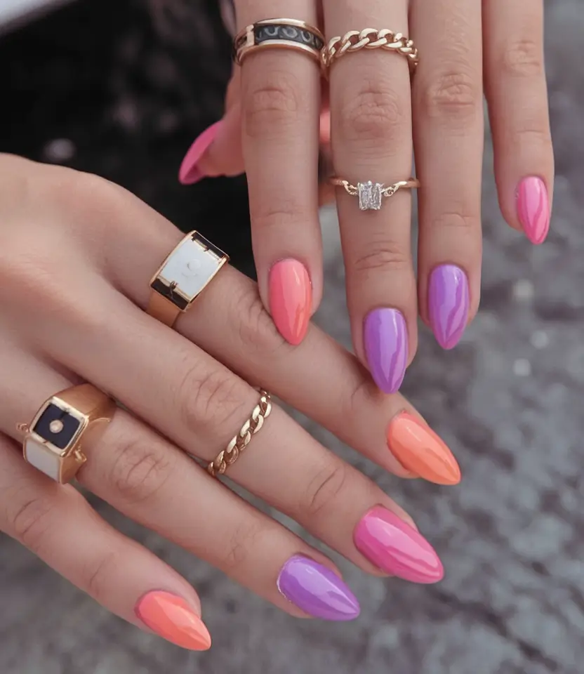 colorful summer nails to try in 2025 Peach & Plum Crush