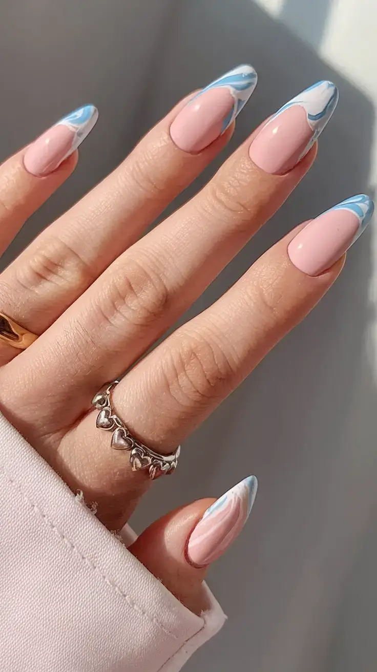 cool blue nail ideas for summer 2025 Soft Blue Marble Elegance