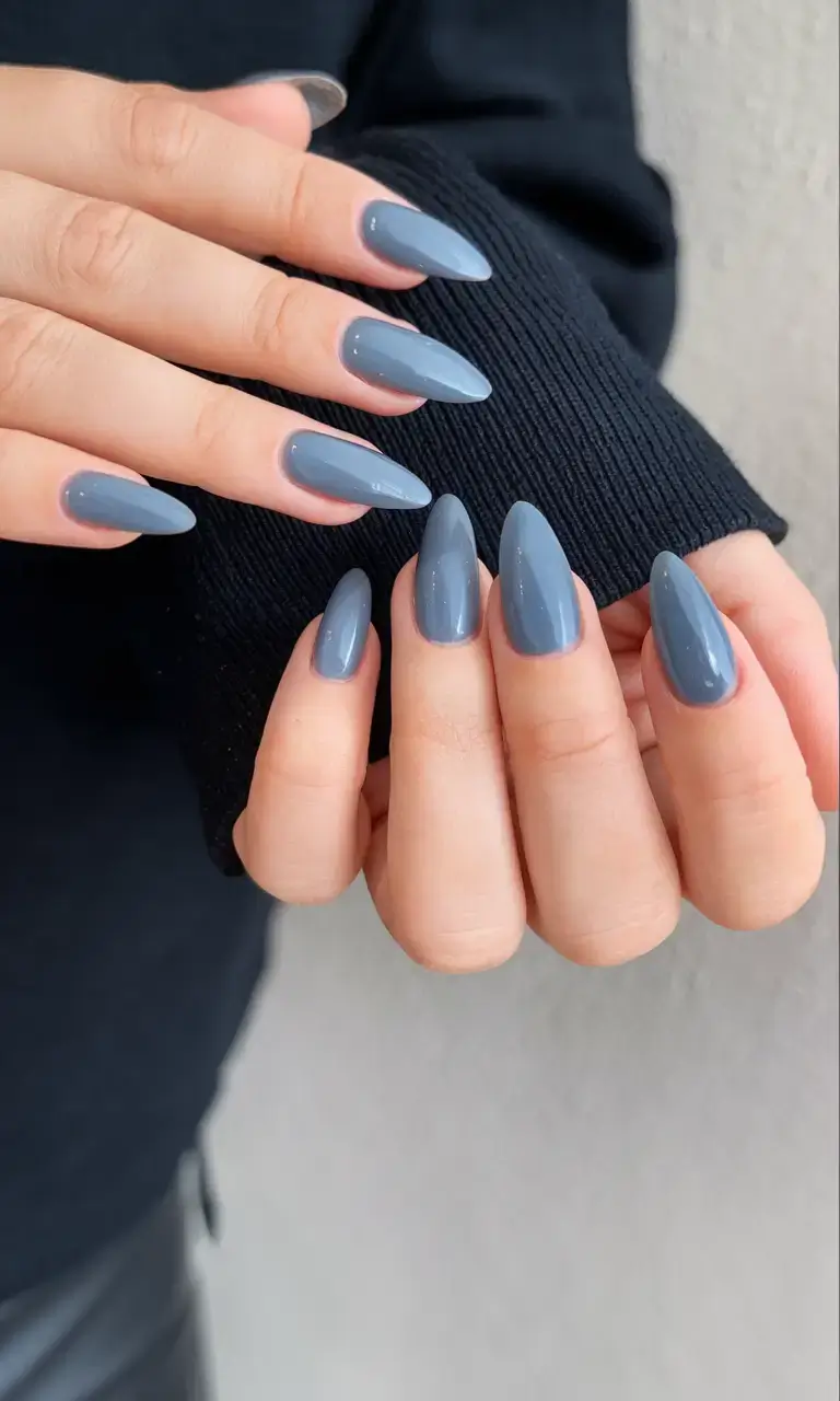 cool blue nail ideas for summer 2025 Stormy Steel Blue Gloss