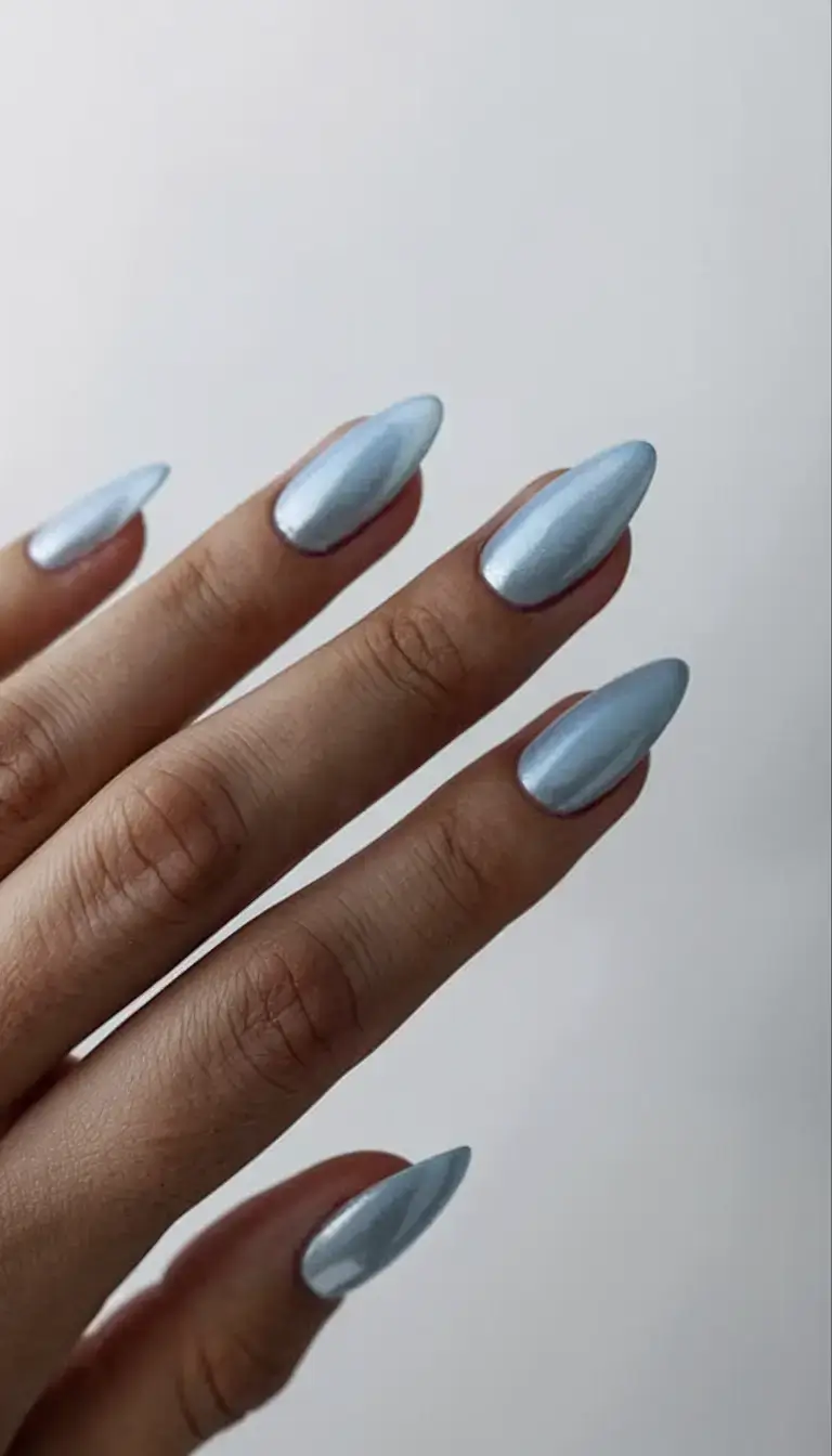 cool blue nail ideas for summer 2025 Frozen Metallic Blue Chrome
