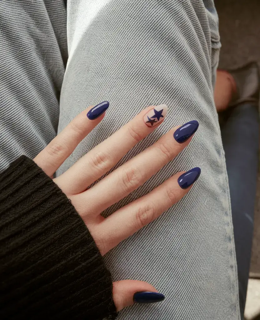 cool blue nail ideas for summer 2025 Midnight Blue & Star Accent