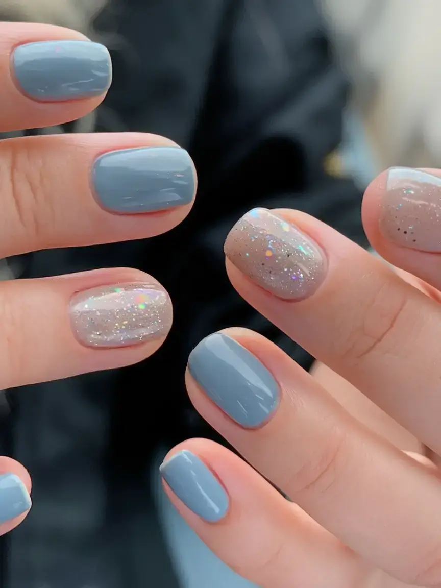 cool blue nail ideas for summer 2025 Blue Meets Nude Glitter Pop