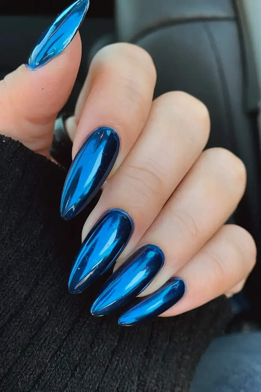 cool blue nail ideas for summer 2025 Electric Midnight Chrome