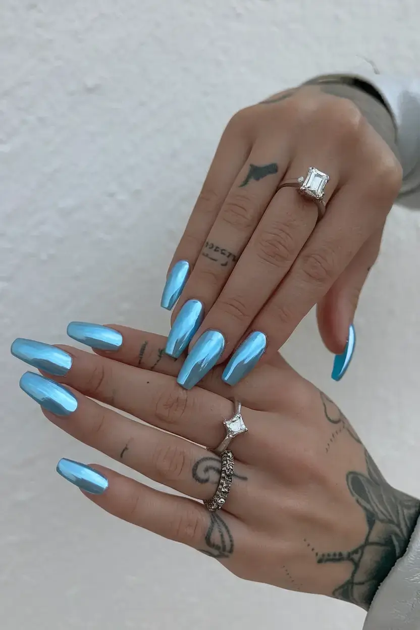 cool blue nail ideas for summer 2025 Chrome Aqua Ice