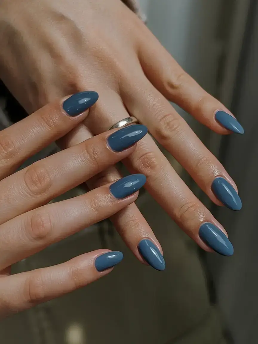 cool blue nail ideas for summer 2025 Muted Steel Blue Calm