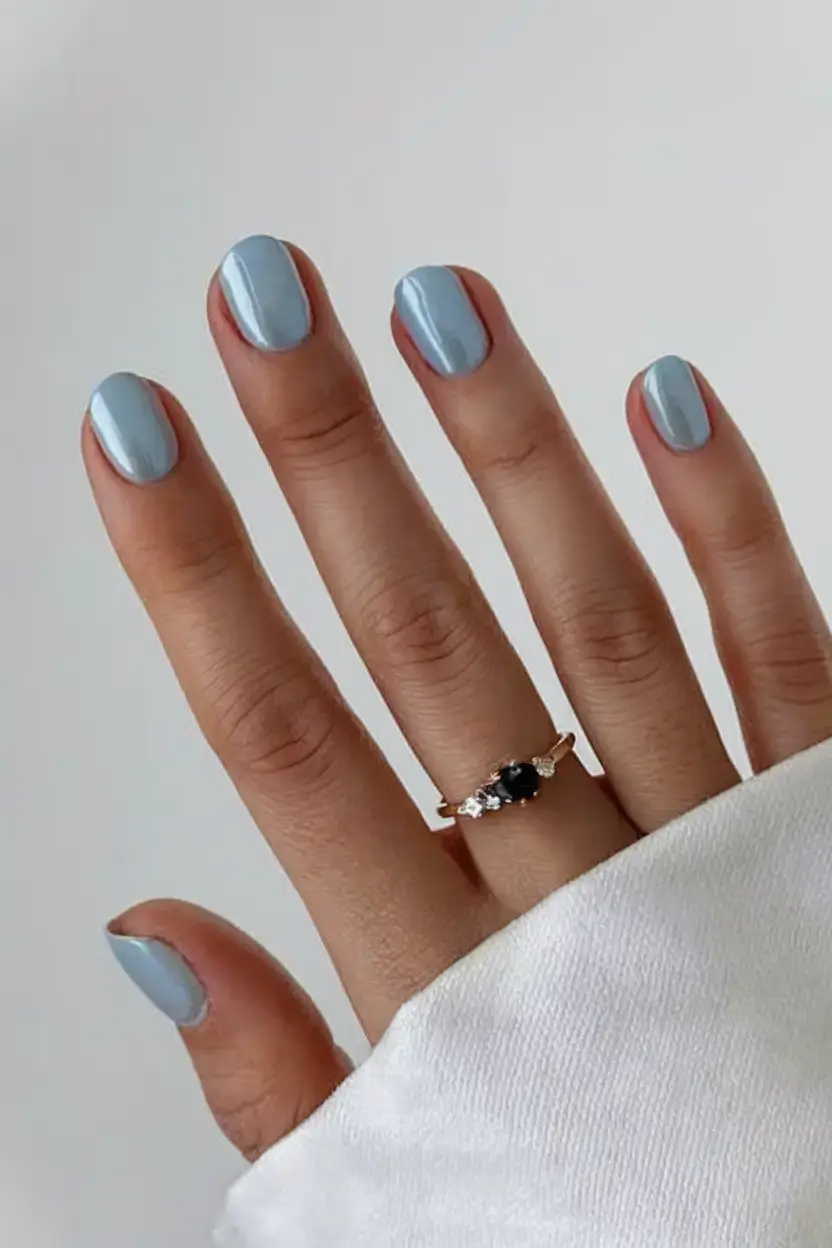 cool blue nail ideas for summer 2025 Glossy Ice Blue Shorties