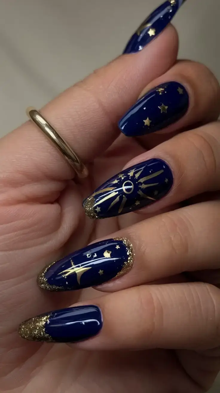 cool blue nail ideas for summer 2025 Cosmic Gold Star Drama